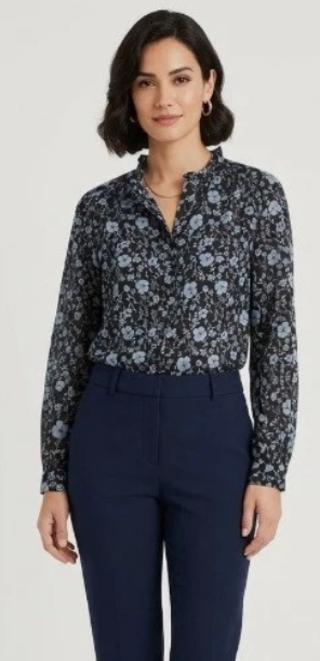 Beach Lunch Lounge Women’s S 4-10 Floral Ruffle Neck Blouse Black
